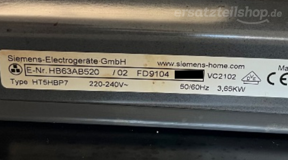 Typenschild Siemens HB63AB520/02