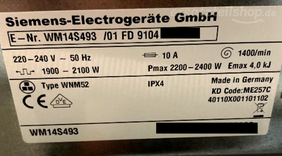 Typenschild Siemens WM14S493/01