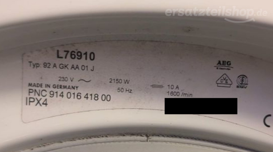Typenschild AEG LAV76910 91401641800