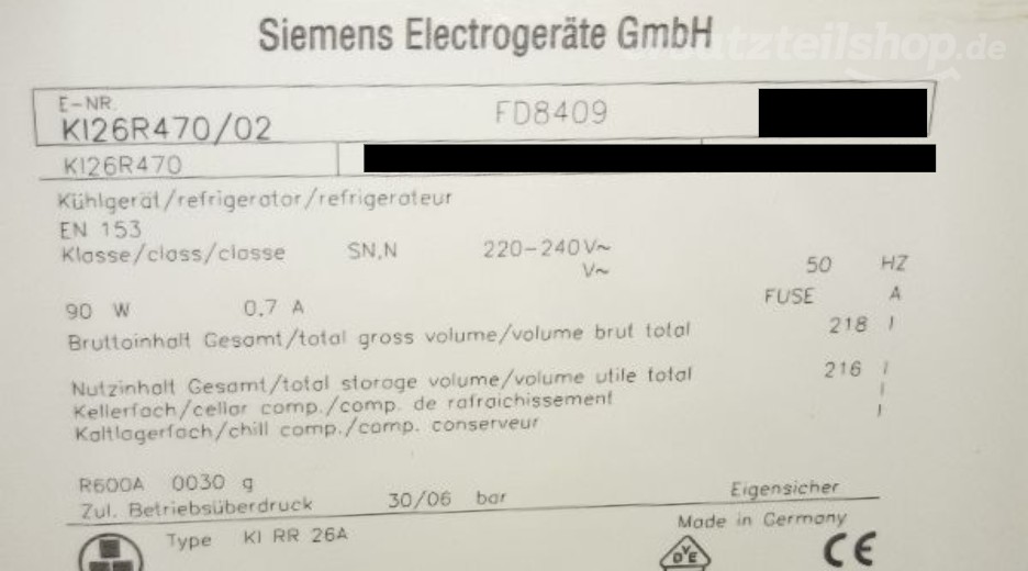 Typenschild Siemens KI26R470/02