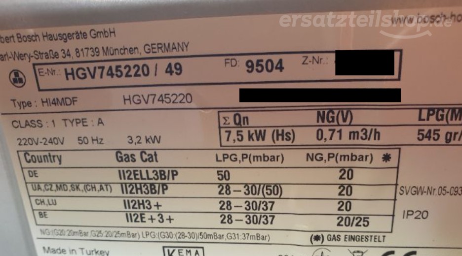 Typenschild Bosch HGV745220/49