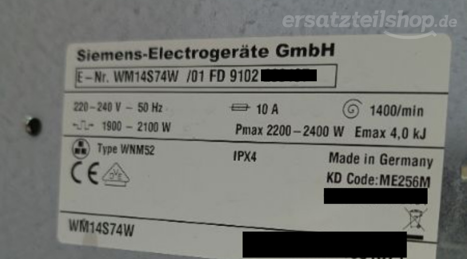Typenschild Siemens WM14S74W/01