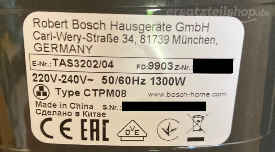 Typenschild Bosch TAS3202/04