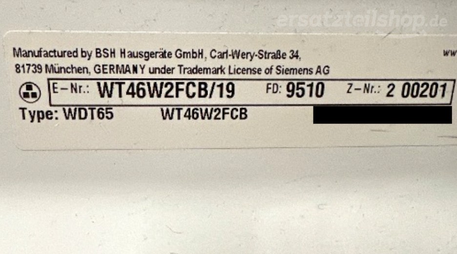 Typenschild Siemens WT46W2FCB/19