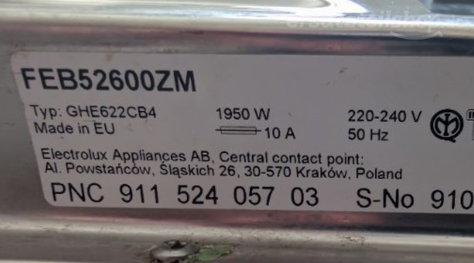 Typenschild AEG FEB52600ZM 91152405703