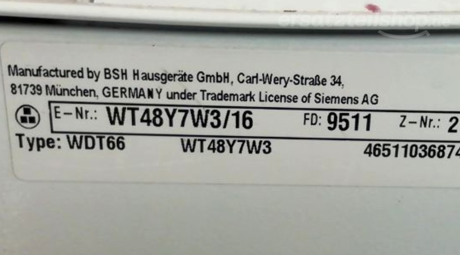 Typenschild Siemens WT48Y7W3/16