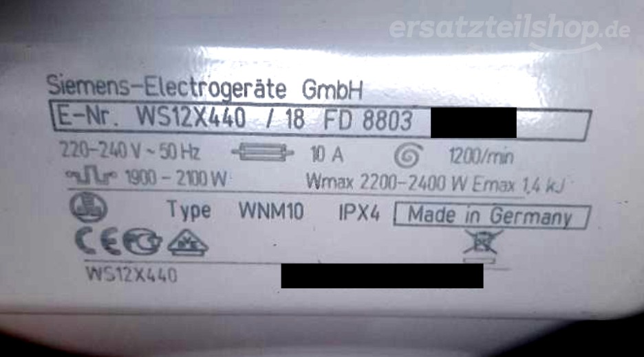 Typenschild Siemens X 12-44 WS12X440/18