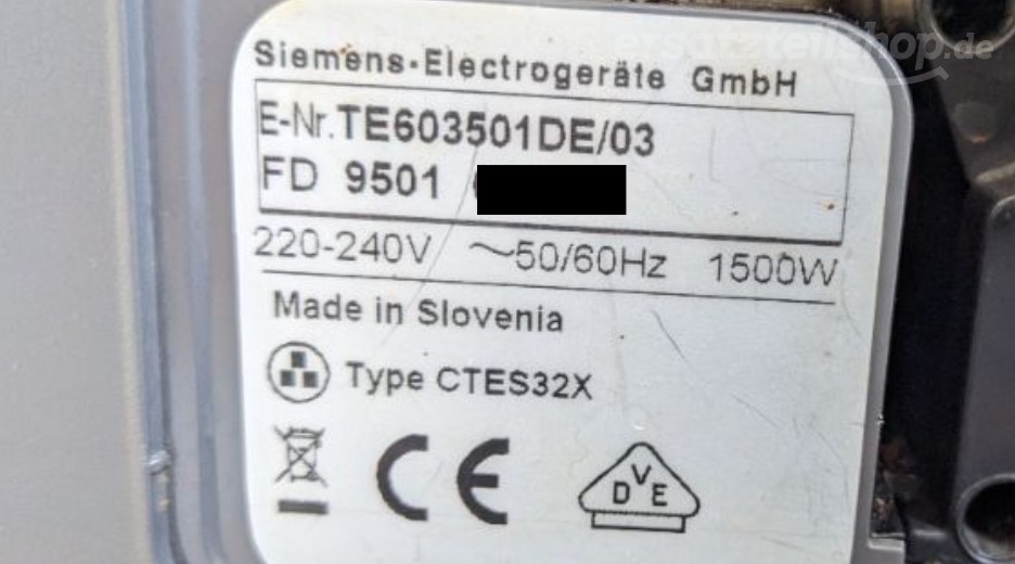 Typenschild Siemens TE603501DE/03