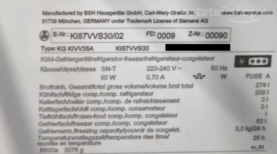 Typenschild Siemens KI87VVS30/02