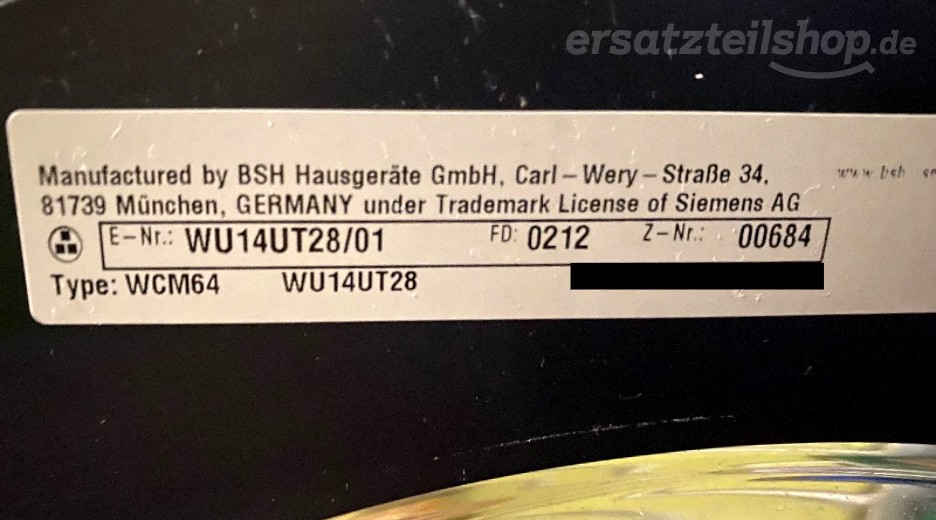 Typenschild Siemens WU14UT28/01