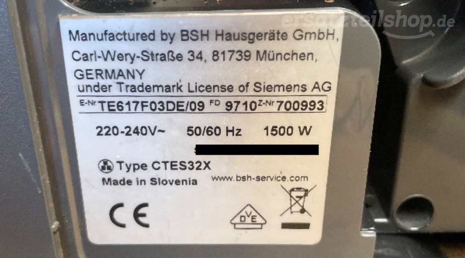 Typenschild Siemens TE617F03DE/09