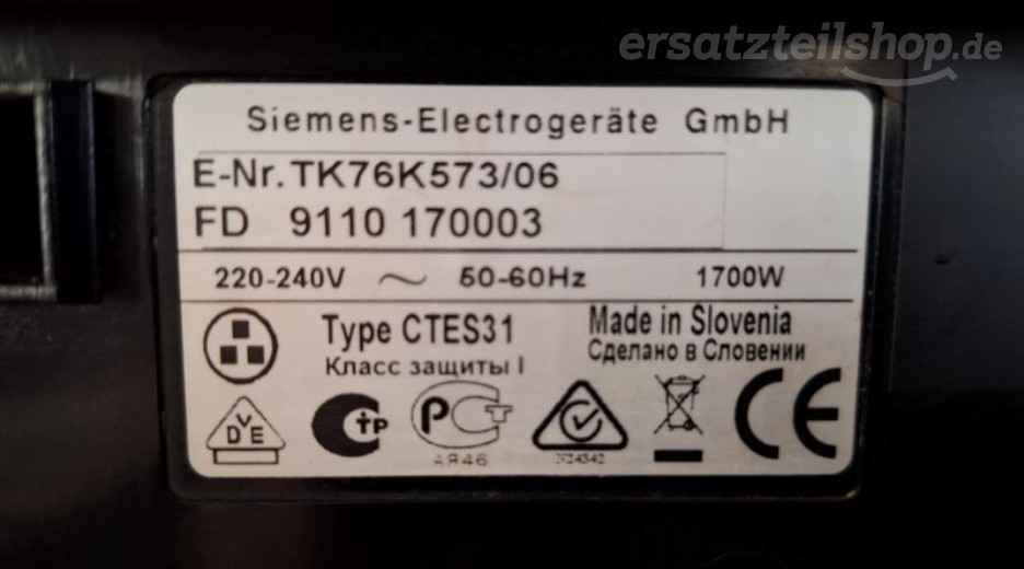 Typenschild Siemens TK76K573/06