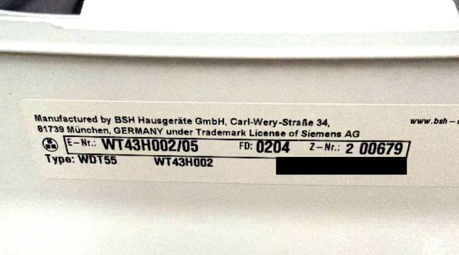 Typenschild Siemens WT43H002/05