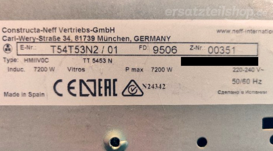 Typenschild Neff T54T53N2/01