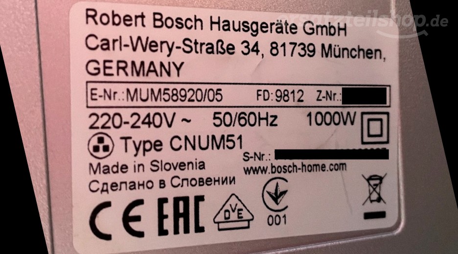 Ersatzteile Bosch MUM58920/05 Typenschild Bosch MUM58920/05
