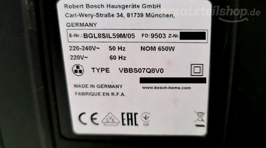 Typenschild Bosch BGL8SIL59M/05