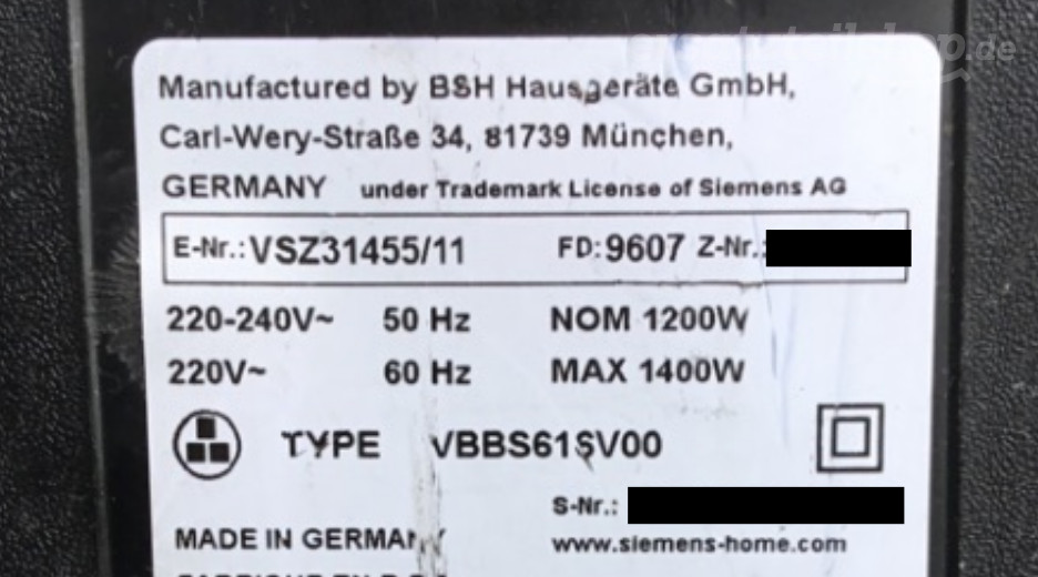 Typenschild Siemens VSZ31455/11