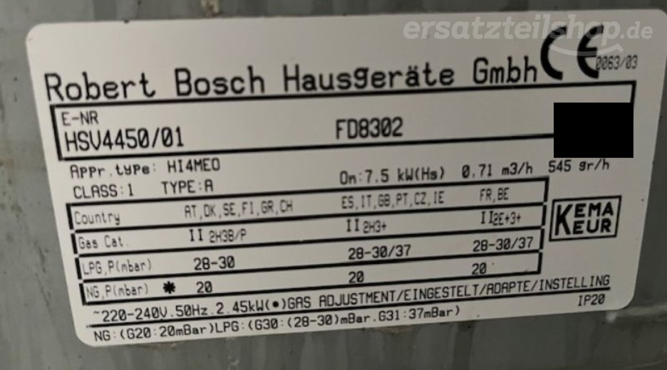 Typenschild Bosch HSV4450/01