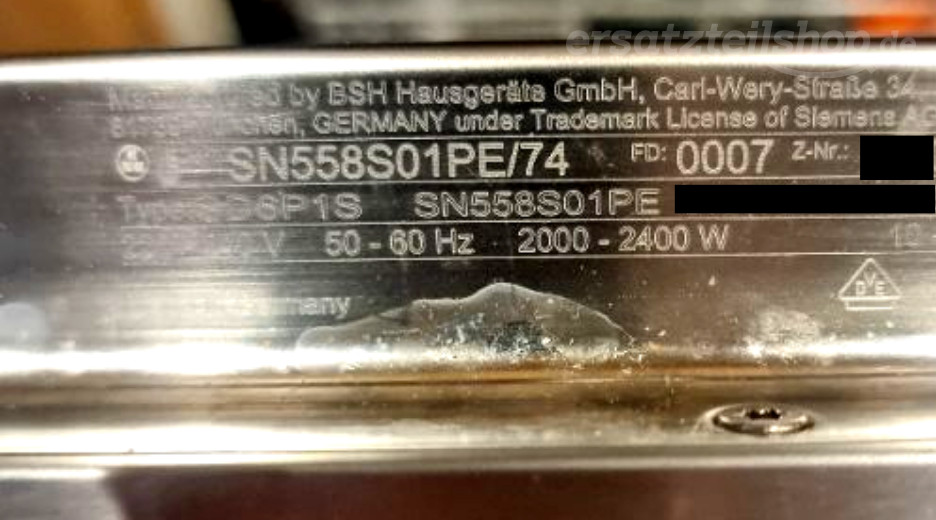 Typenschild Siemens SN558S01PE/74