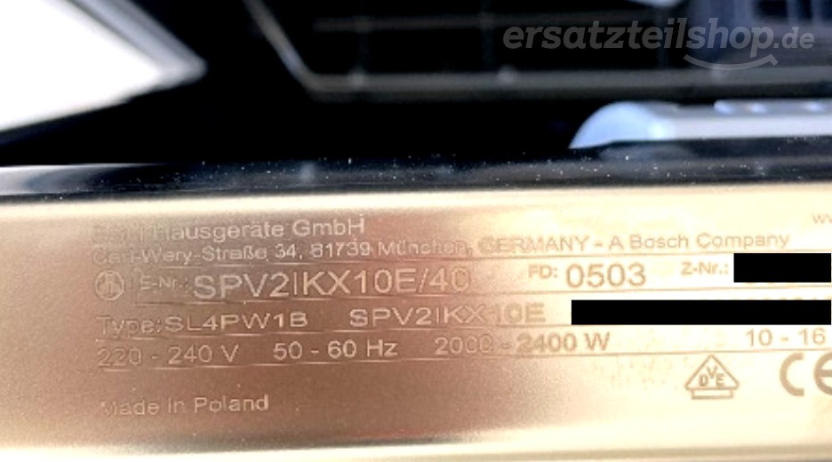Typenschild Bosch SPV2IKX10E/40
