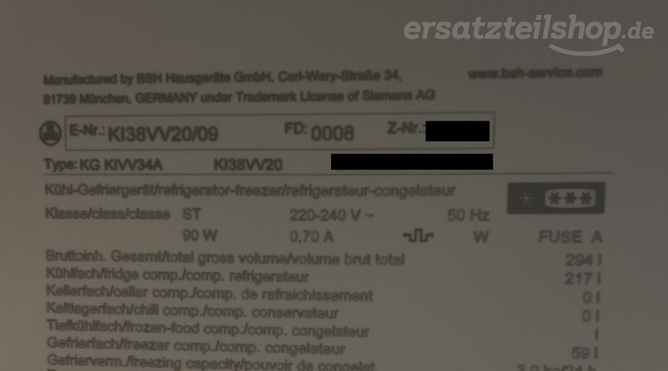 Typenschild Siemens KI38VV20/09