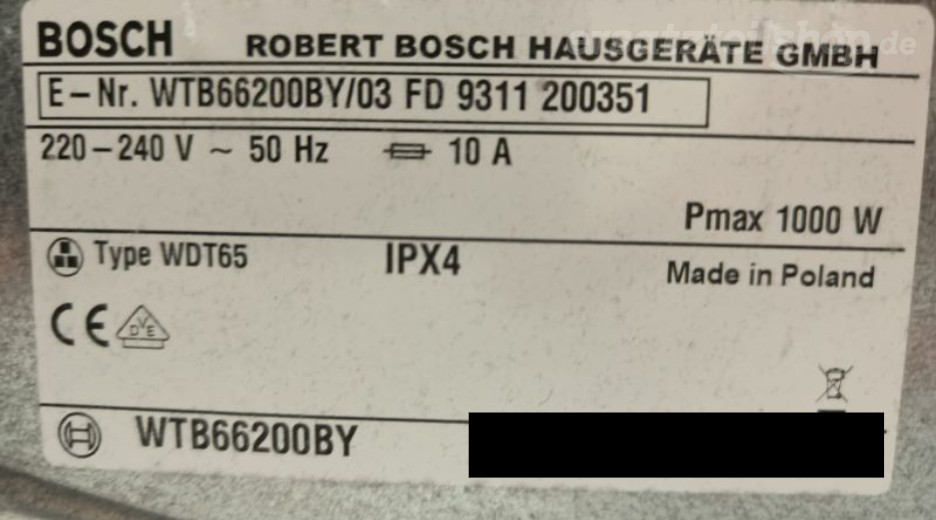 Typenschild Bosch WTB66200BY/03
