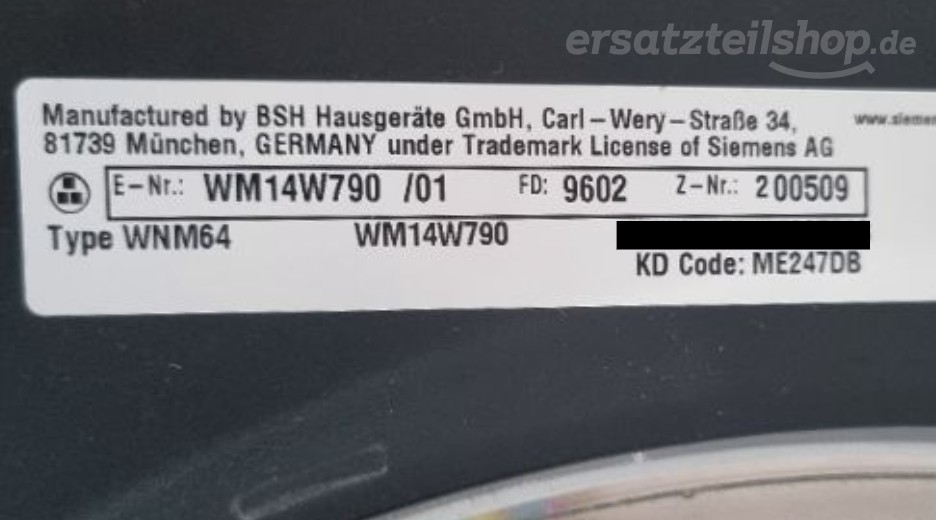 Typenschild Siemens WM14W790/01