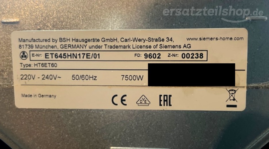 Typenschild Siemens ET645HN17E/01
