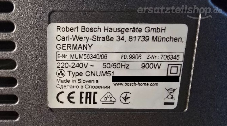 Typenschild Bosch MUM56340/06