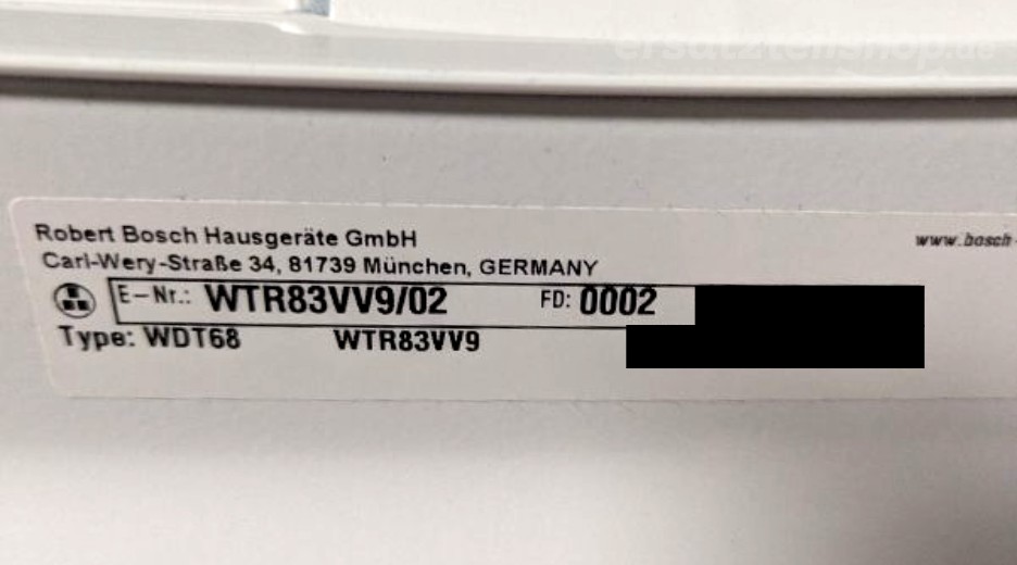 Typenschild Bosch WTR83VV9/02