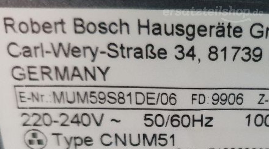 Typenschild Bosch  MUM59S81DE/06
