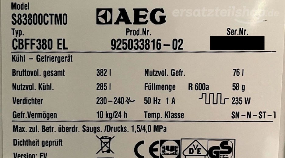 Typenschild AEG S83800CTM0 92503381602