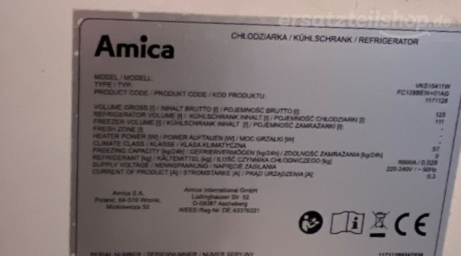 Typenschild Amica VKS15411W 1171128