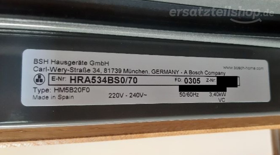 Typenschild Bosch HRA534BS0/70
