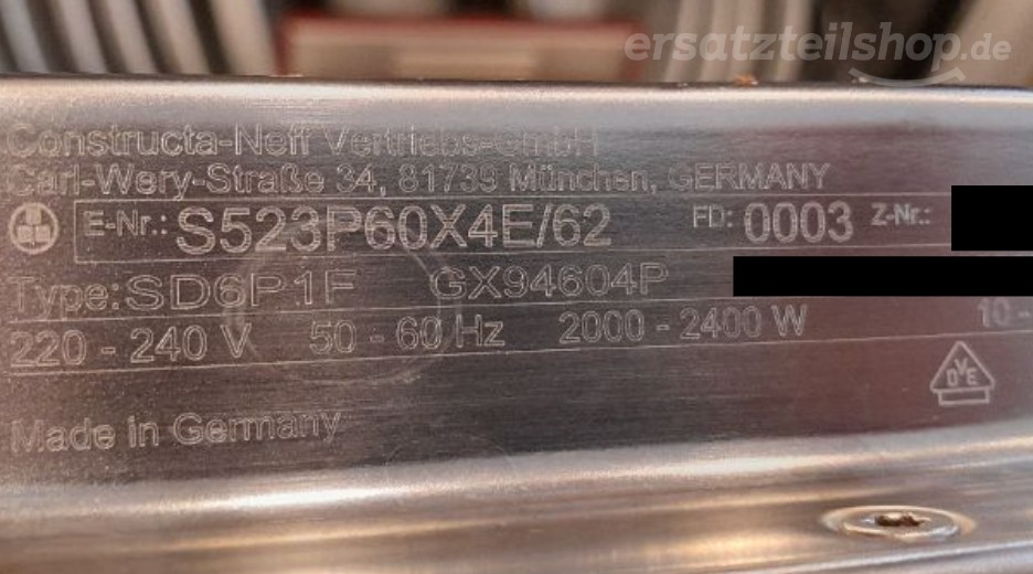 Typenschild Neff S523P60X4E/62