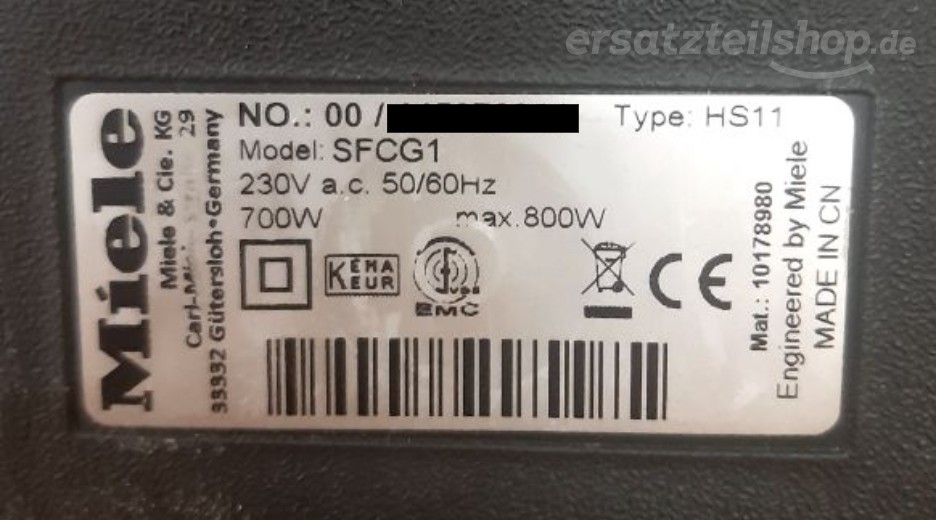 Typenschild Miele SFCG1 SFCG1