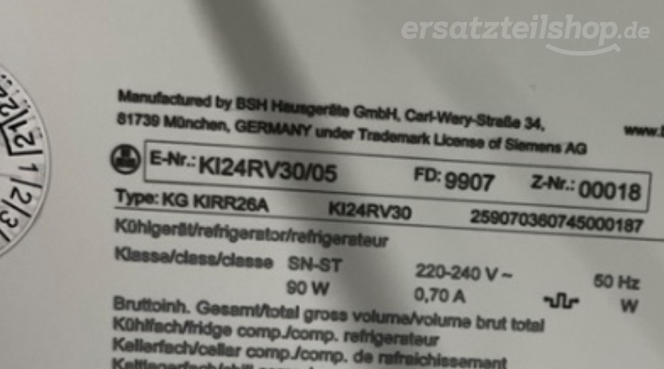 Typenschild Siemens KI24RV30/05