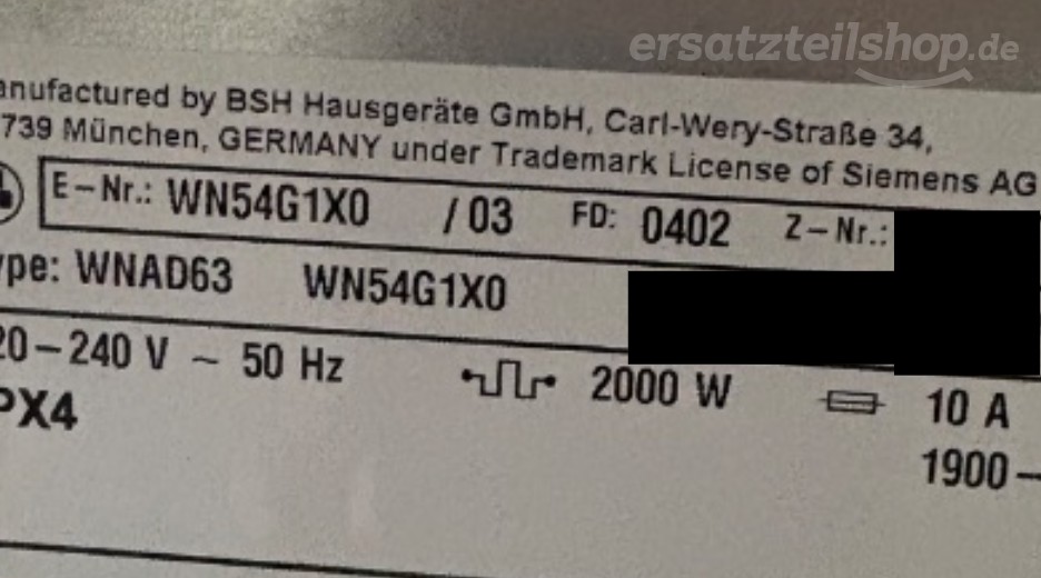 Typenschild Siemens WN54G1X0/03