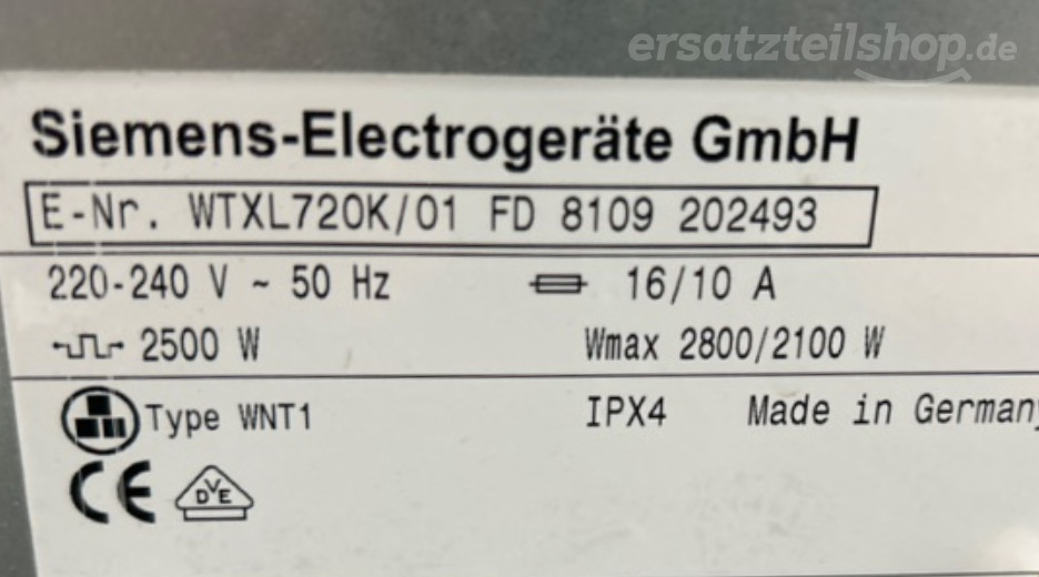 Typenschild Siemens Extraklasse TXL 720 K WTXL720K/01