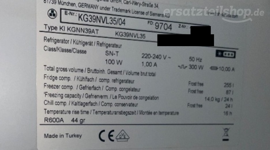 Typenschild Siemens KG39NVL35/04