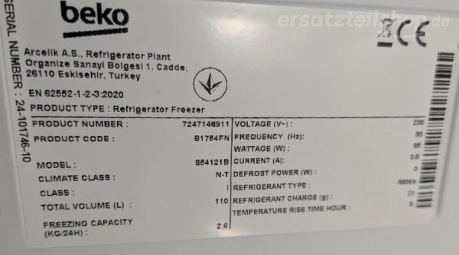 Typenschild Beko B1754FN BEKO 7247146911