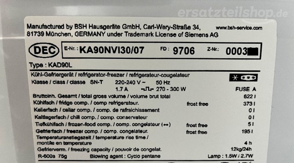 Typenschild Siemens KA90NVI30/07