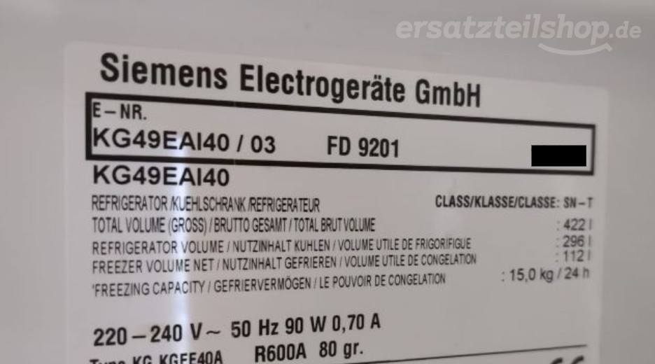 Typenschild Siemens KG49EAI40/03