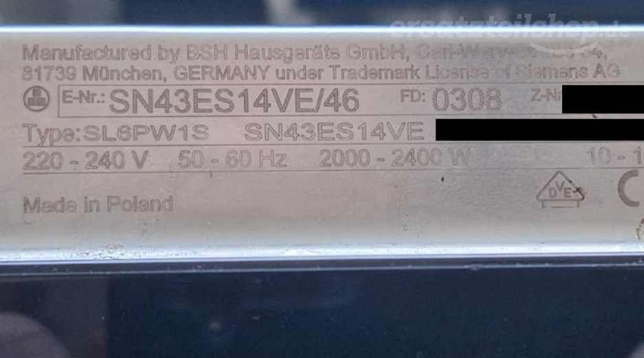Typenschild Siemens SN43ES14VE/46