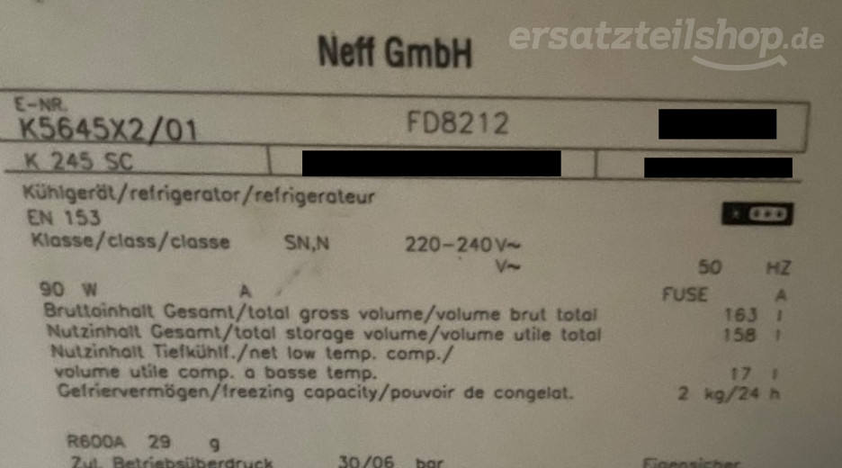 Typenschild Neff KI 245 SC K5645X2/01