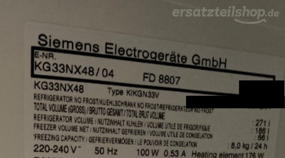 Typenschild Siemens KG33NX48/04