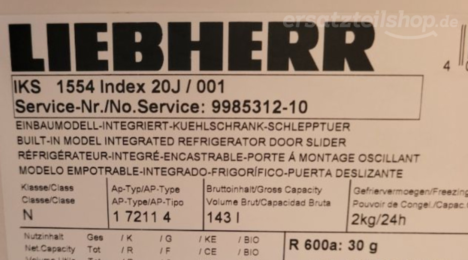 Typenschild Liebherr IKS155420J IKS 1554-20 J