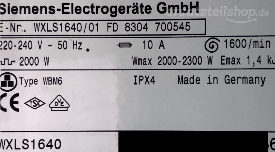 Typenschild Siemens Siwamat XLS 1640 WXLS1640/01