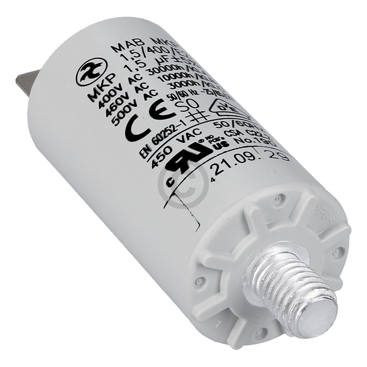 Kondensator 1,5µF 400V HYDRA MAB MKP universal mit Steckfahnen und Befestigungsschraube u.a. für Trockner