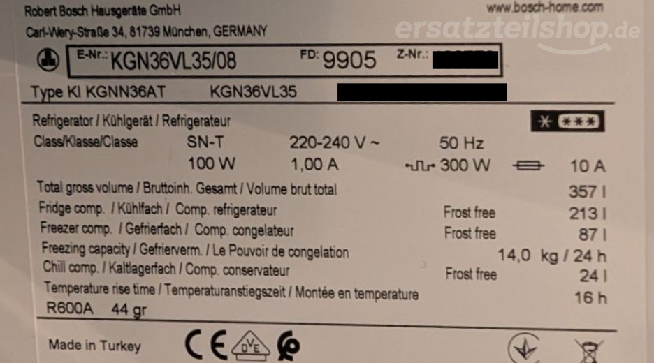 Typenschild Bosch KGN36VL35/08